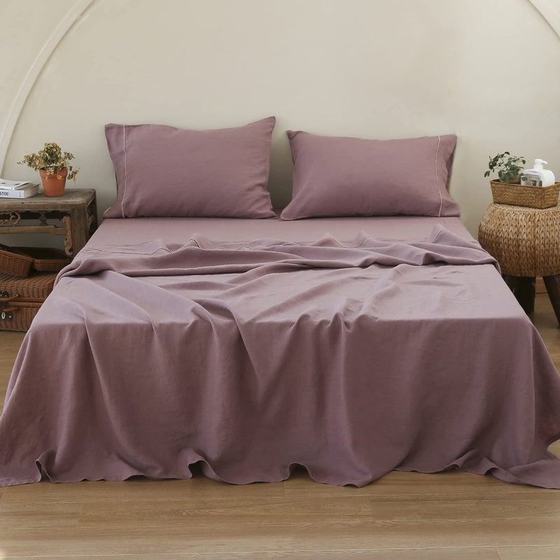 Simple&Opulence 100% Pure Linen Sheet Set King Size, Natural French Flax Solid Color 4 Pcs Washed Breathable, Farmhouse Bedding (1 Flat Sheet,1 Fitted Sheet,2 Pillowcases)-Embroidery Purple - Image 1